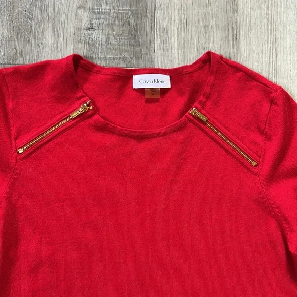 Calvin Klein Red Dress with Gold Zipper Details Sz Medium - Picture 2 of 7
